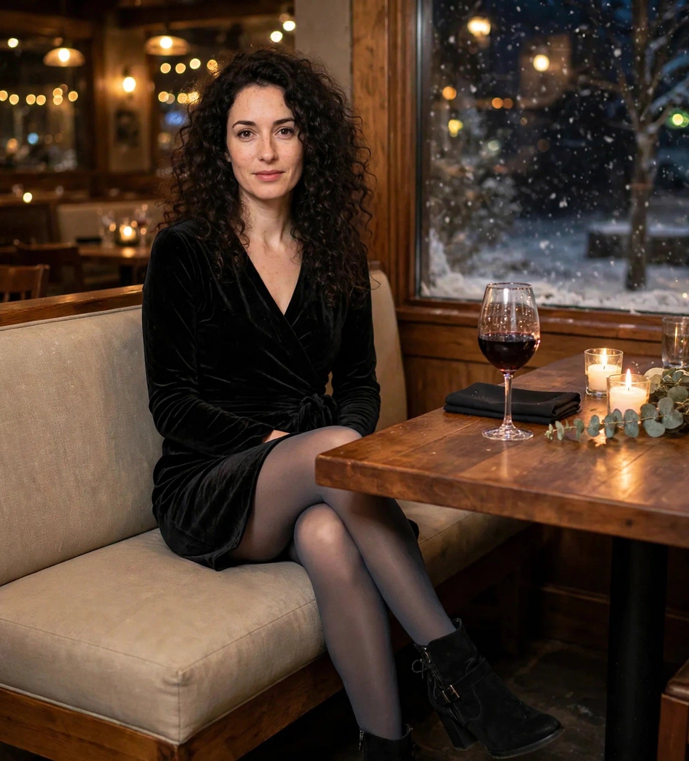 Woman seated in a restaurant booth in a black velvet dress and grey fleece-lined tights with a sheer look