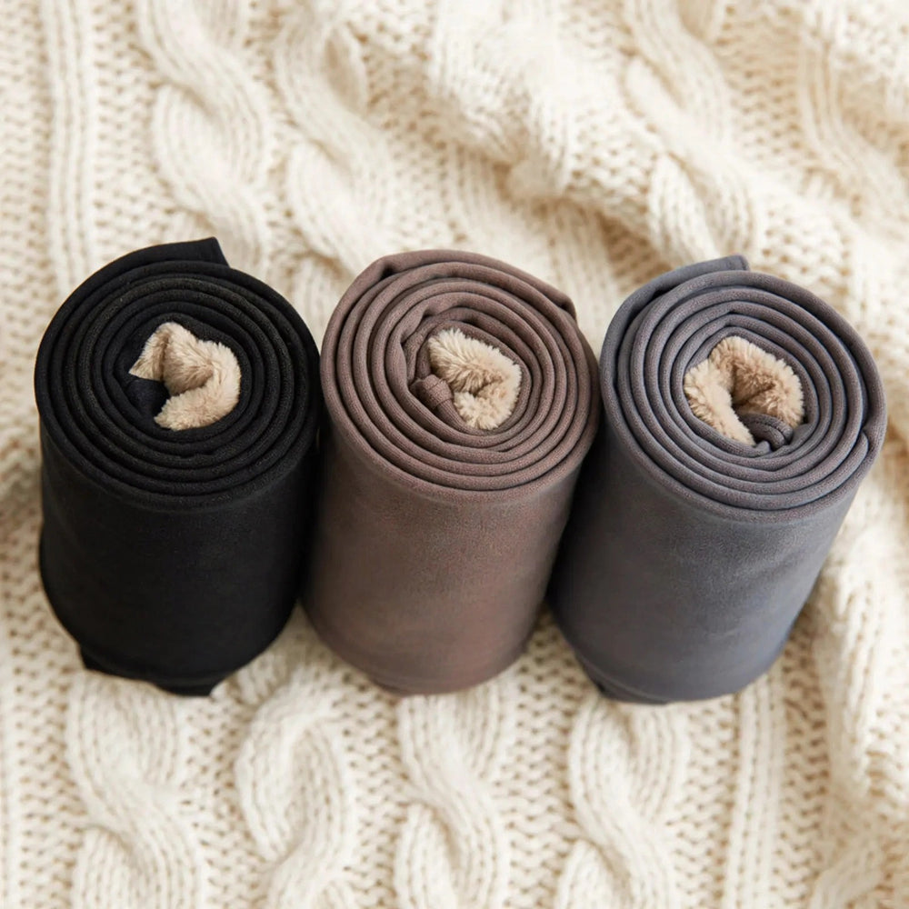 Fleece-lined tights with a sheer look in Black, Coffee and Grey, shown with the beige fleece lining.