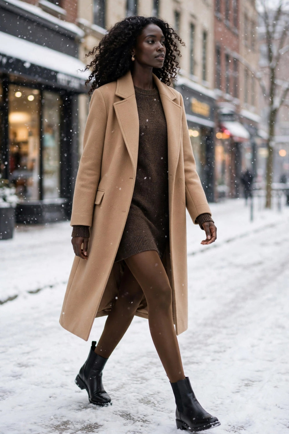 Coffee fleece-lined tights with a sheer look worn with a winter outfit.