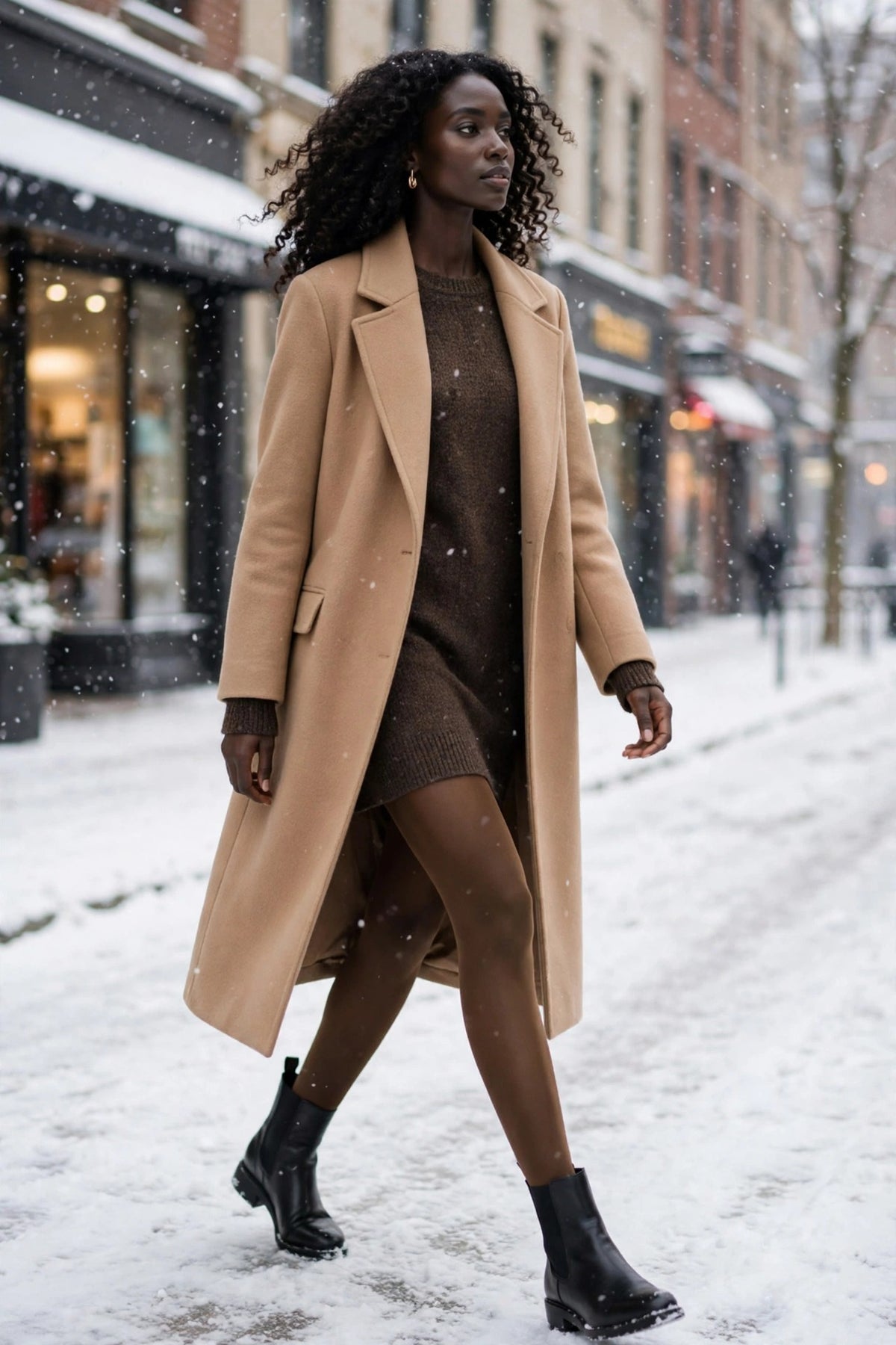 Coffee fleece-lined tights with a sheer look worn with a winter outfit.