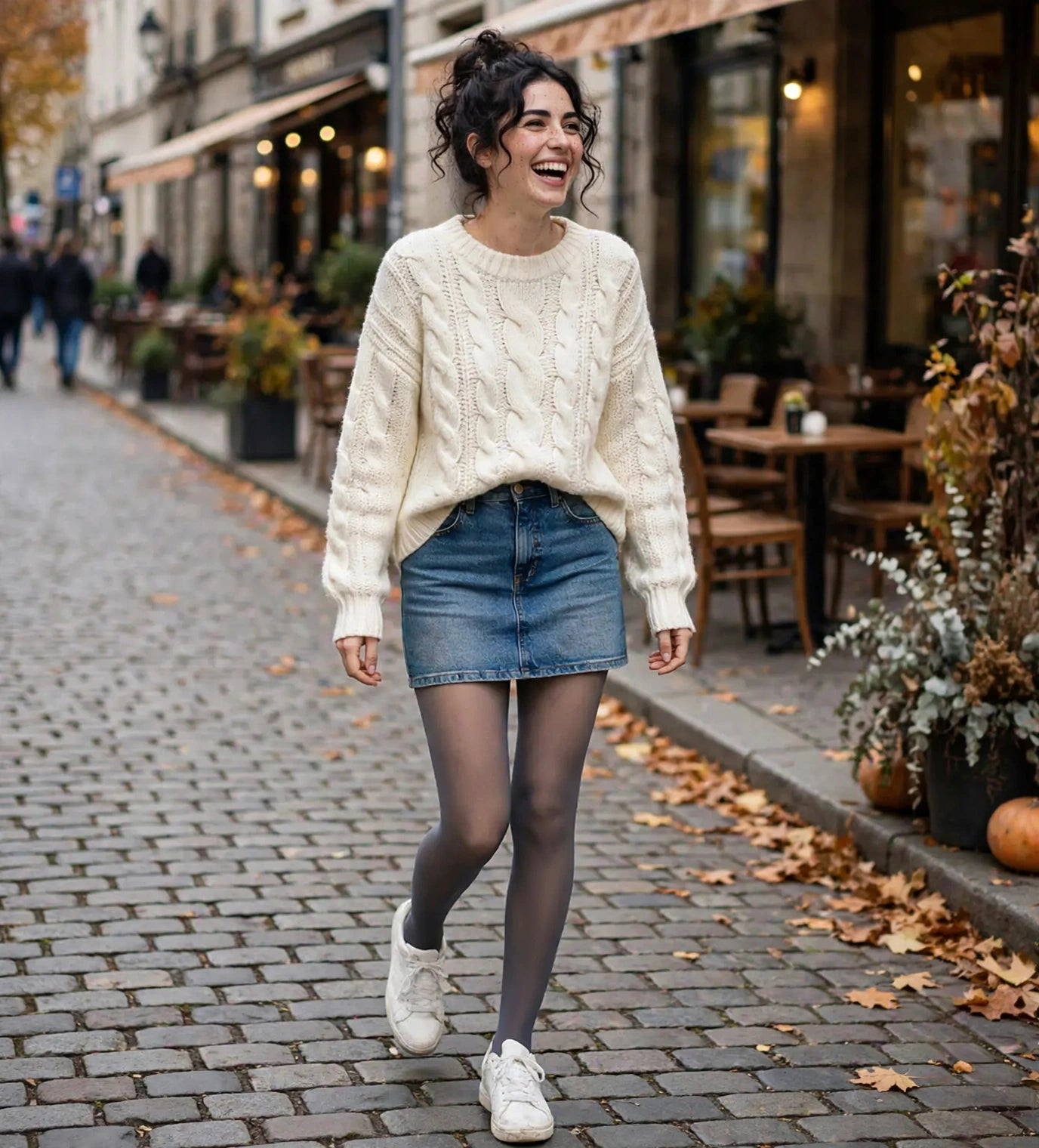 Weekend outfit with a cream sweater; denim skirt and Grey fleece-lined tights with a sheer look