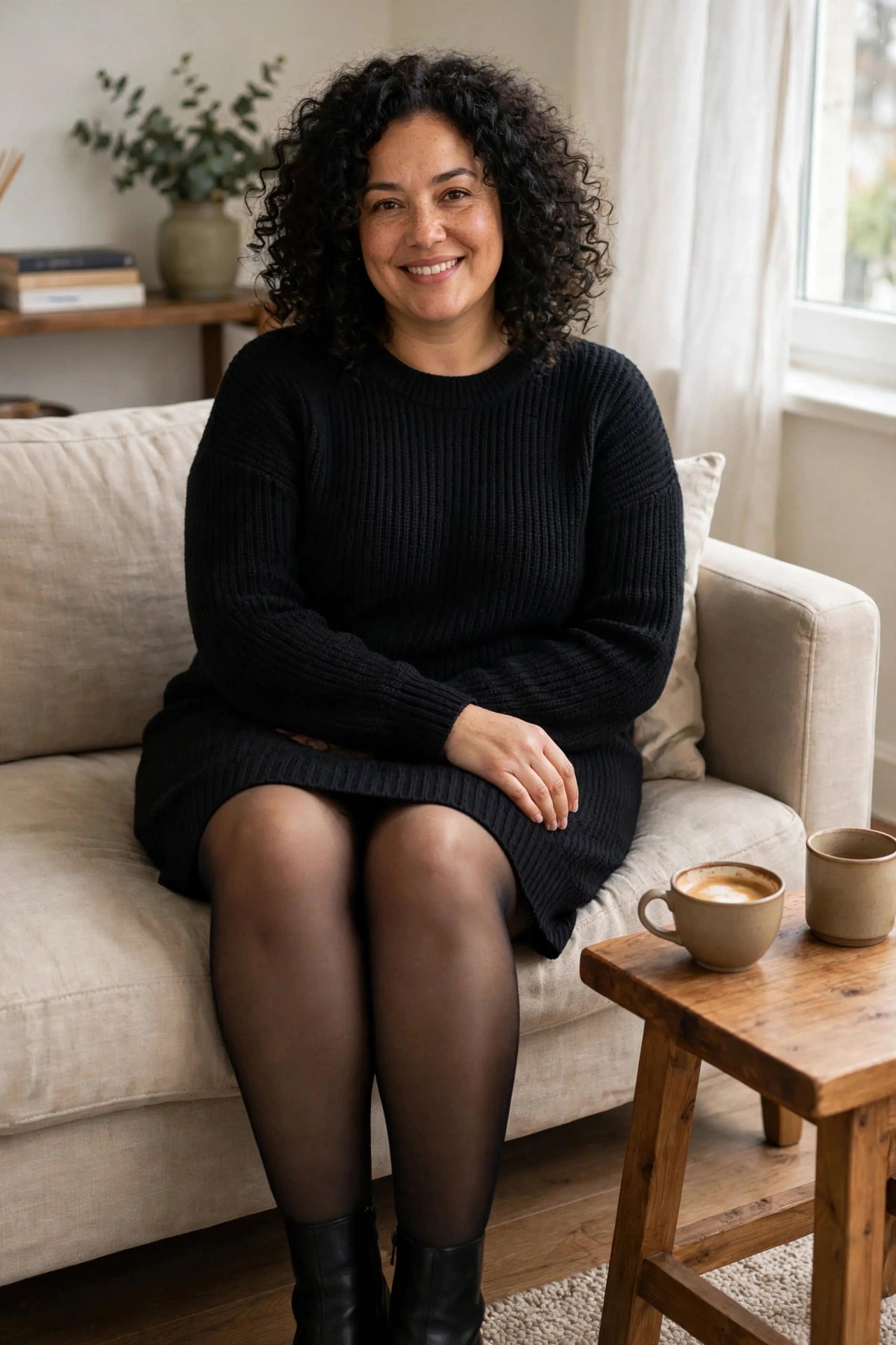 Woman sitting on a sofa in a black knit dress and black fleece-lined tights with a sheer look